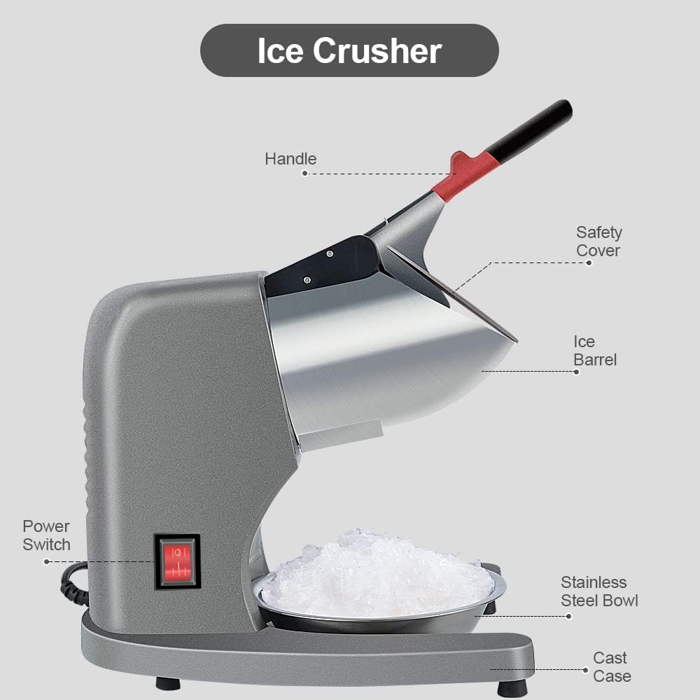 OKF Máquina de afeitar de hielo para evitar salpicaduras, eléctrica de tres cuchillas, máquina de hielo afeitada de acero inoxidable de 380 W, trituradoras de hielo domésticas y comerciales con