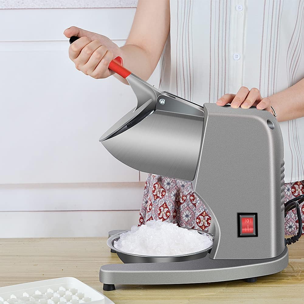 OKF Máquina de afeitar de hielo para evitar salpicaduras, eléctrica de tres cuchillas, máquina de hielo afeitada de acero inoxidable de 380 W, trituradoras de hielo domésticas y comerciales con