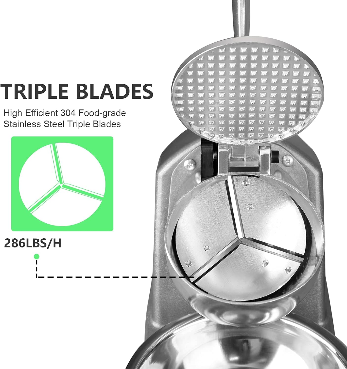 HORGELU Trituradoras de hielo eléctricas de 285 libras/hora, máquina de cono de nieve de 380 W, máquina de hielo afeitado de triple hoja de 2000 rpm, máquina de afeitar de hielo de acero inoxidable de