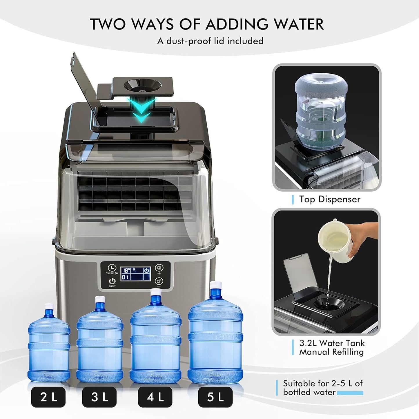 RELAX4LIFE Máquina de Cubitos de Hielo 3,2L 18kg/24H de Acero Inoxidable con Autolimpieza y Temporizador 1-24H, Ice Maker con Pala, Pantalla LCD y Tapa Transparente, Plateado