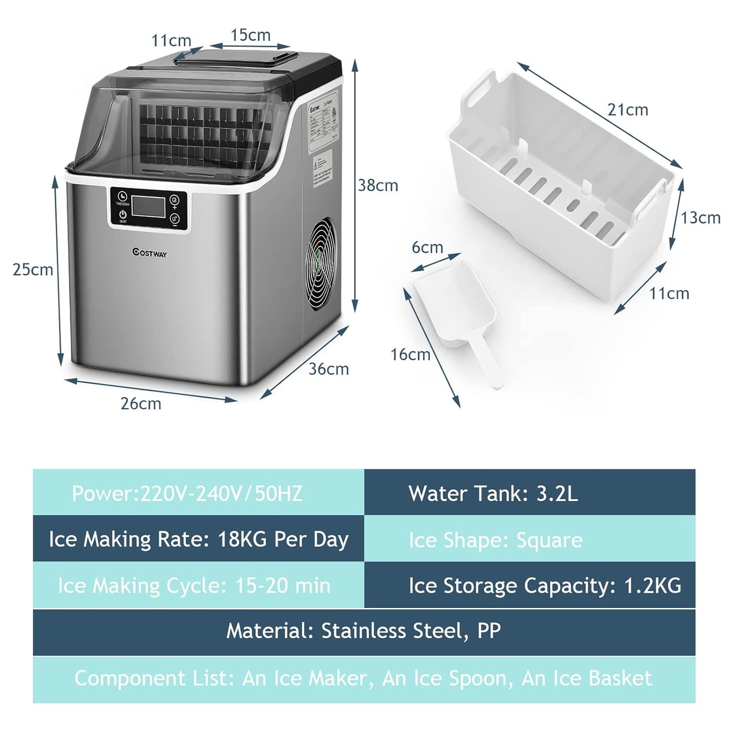 RELAX4LIFE Máquina de Cubitos de Hielo 3,2L 18kg/24H de Acero Inoxidable con Autolimpieza y Temporizador 1-24H, Ice Maker con Pala, Pantalla LCD y Tapa Transparente, Plateado