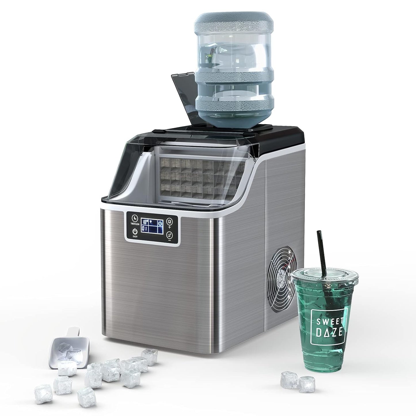 RELAX4LIFE Máquina de Cubitos de Hielo 3,2L 18kg/24H de Acero Inoxidable con Autolimpieza y Temporizador 1-24H, Ice Maker con Pala, Pantalla LCD y Tapa Transparente, Plateado