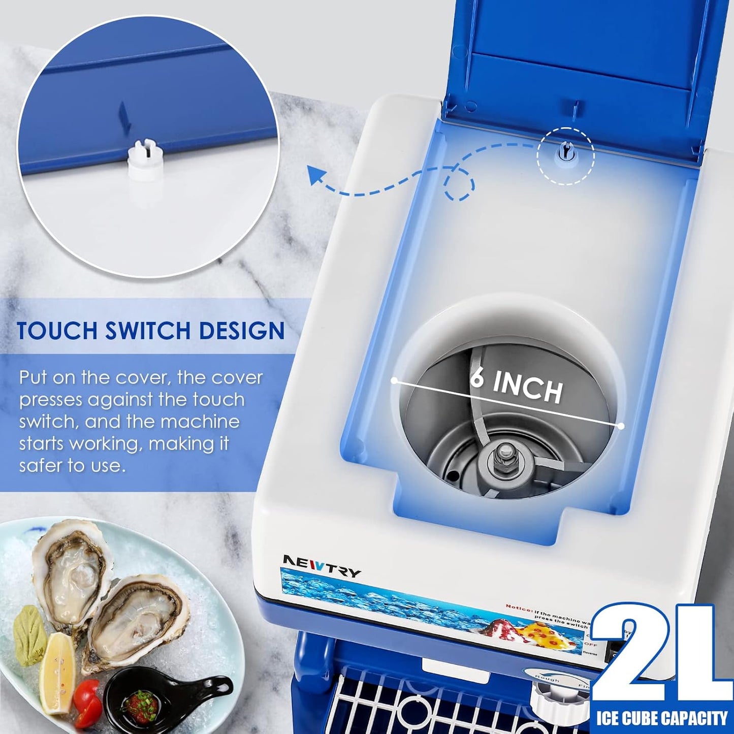 NEWTRY Trituradora de hielo eléctrica comercial eléctrica raspada hielo nieve cono fabricante con hoja de aleación de aluminio espesor ajustable 260lb/h para cubo de hielo pequeño fiesta bar uso
