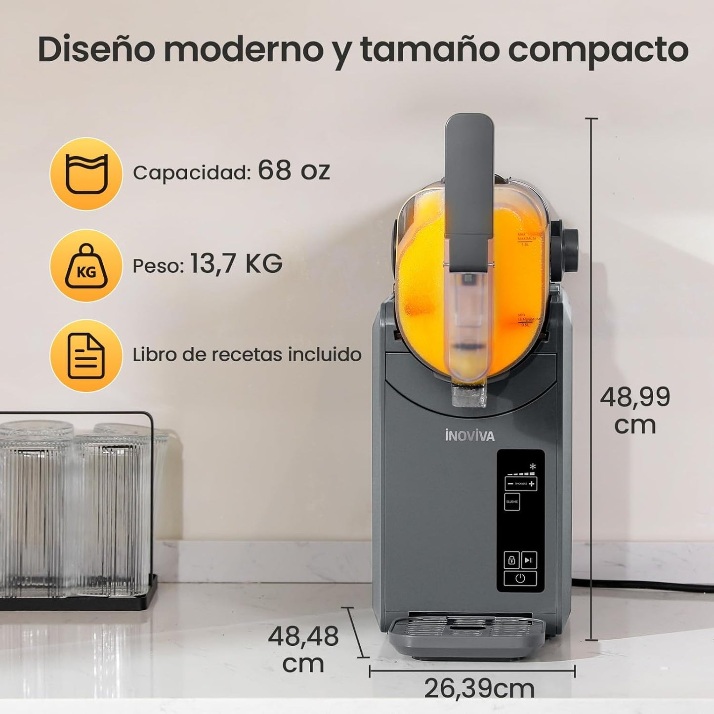 Granizadora INOVIVA, no necesita hielo, granizadora doméstica de 2L con autolimpieza, 5 programas preestablecidos, margaritas heladas, frappés, batidos y mucho más