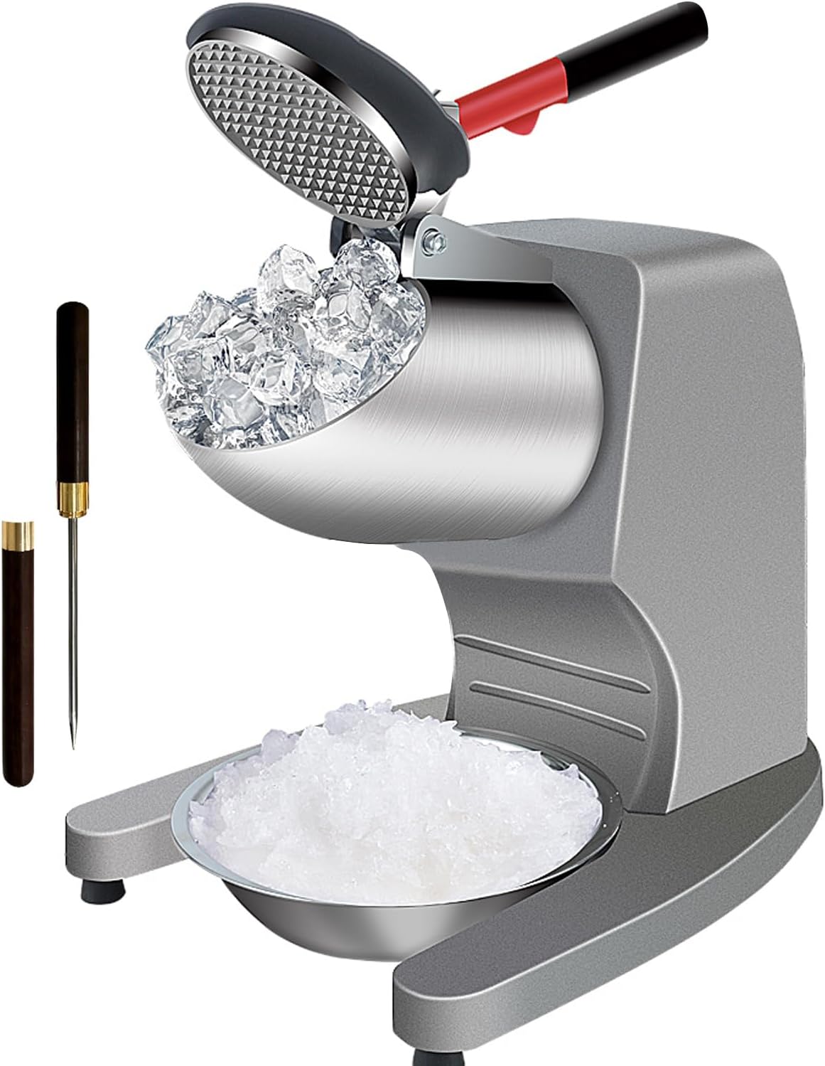 OKF Máquina de afeitar de hielo para evitar salpicaduras, eléctrica de tres cuchillas, máquina de hielo afeitada de acero inoxidable de 380 W, trituradoras de hielo domésticas y comerciales con