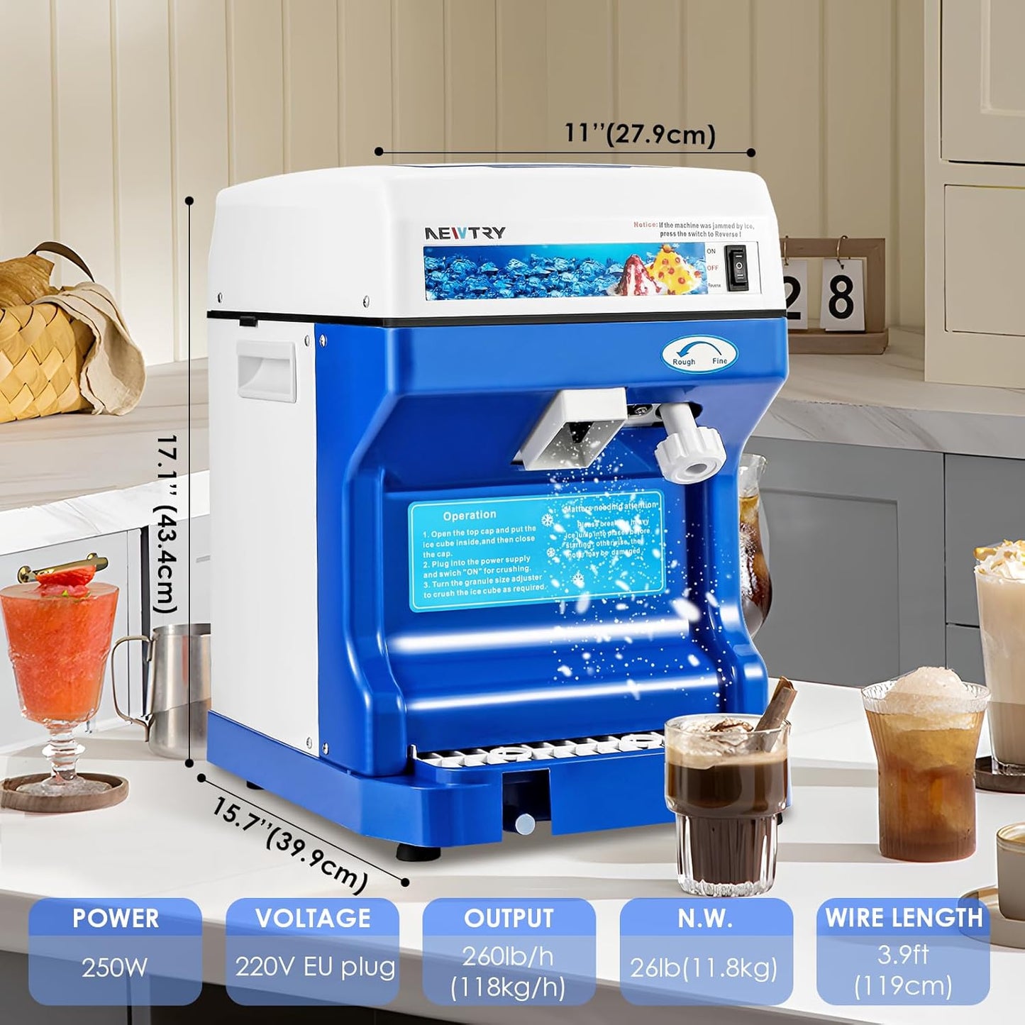 NEWTRY Trituradora de hielo eléctrica comercial eléctrica raspada hielo nieve cono fabricante con hoja de aleación de aluminio espesor ajustable 260lb/h para cubo de hielo pequeño fiesta bar uso