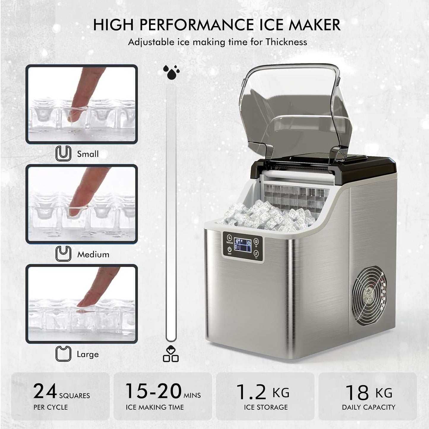 RELAX4LIFE Máquina de Cubitos de Hielo 3,2L 18kg/24H de Acero Inoxidable con Autolimpieza y Temporizador 1-24H, Ice Maker con Pala, Pantalla LCD y Tapa Transparente, Plateado