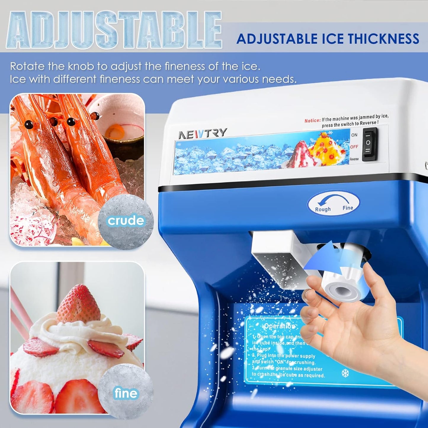 NEWTRY Trituradora de hielo eléctrica comercial eléctrica raspada hielo nieve cono fabricante con hoja de aleación de aluminio espesor ajustable 260lb/h para cubo de hielo pequeño fiesta bar uso