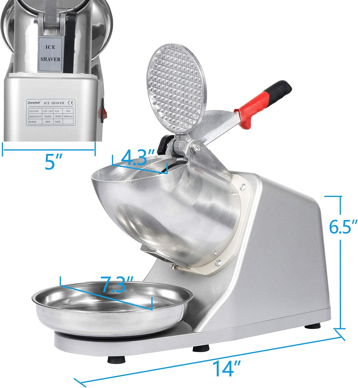 Zeny - Picadora de hielo eléctrica. Para hacer granizados. Picadora de hielo de acero inoxidable. 66 kg por hora.