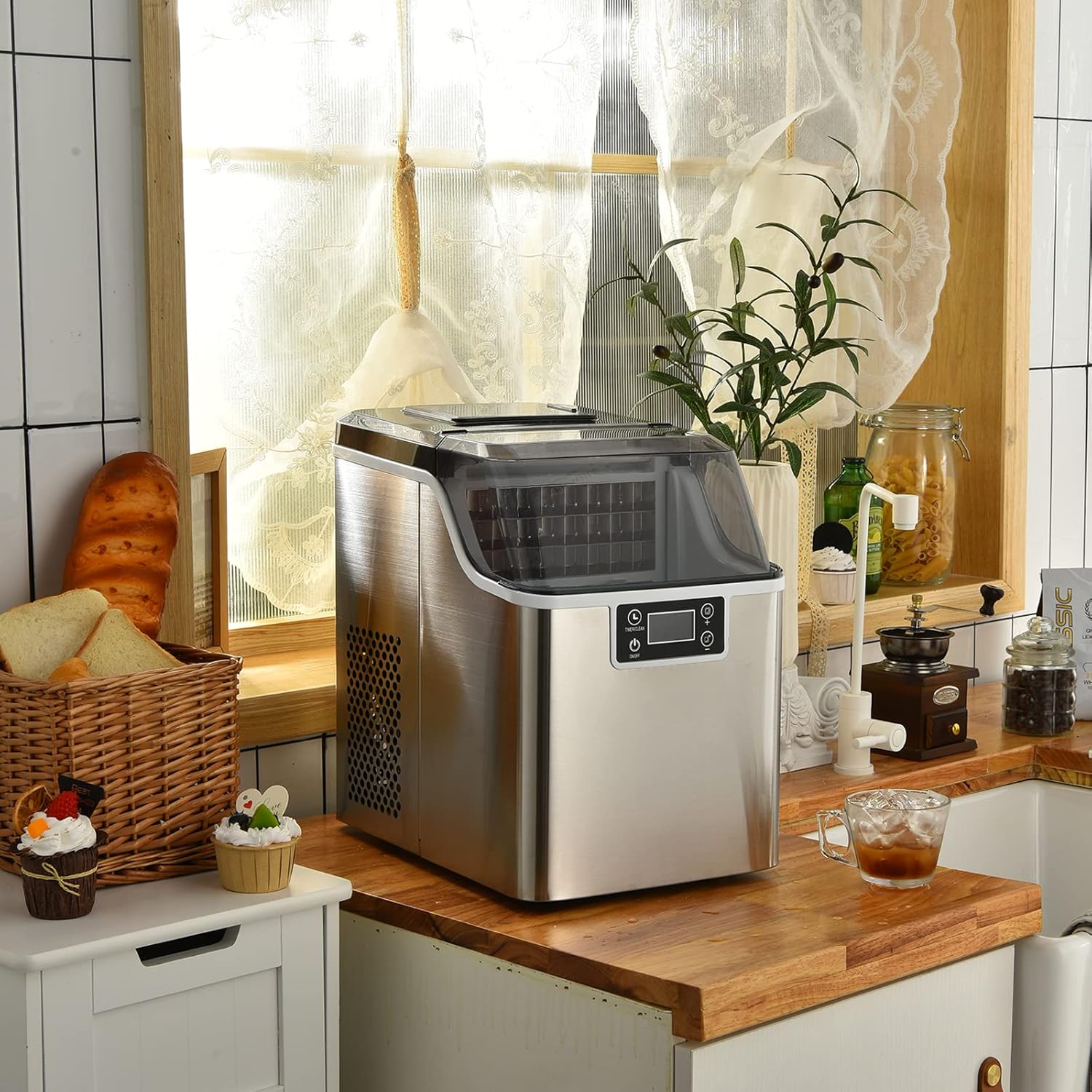 RELAX4LIFE Máquina de Cubitos de Hielo 3,2L 18kg/24H de Acero Inoxidable con Autolimpieza y Temporizador 1-24H, Ice Maker con Pala, Pantalla LCD y Tapa Transparente, Plateado