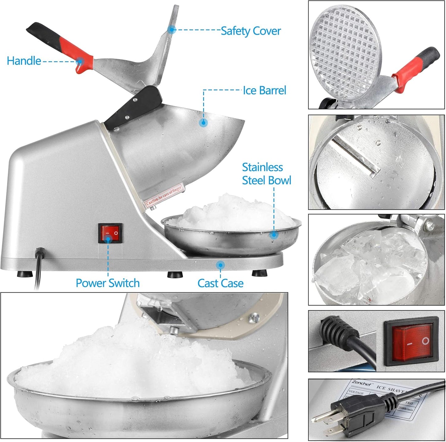 Zeny - Picadora de hielo eléctrica. Para hacer granizados. Picadora de hielo de acero inoxidable. 66 kg por hora.