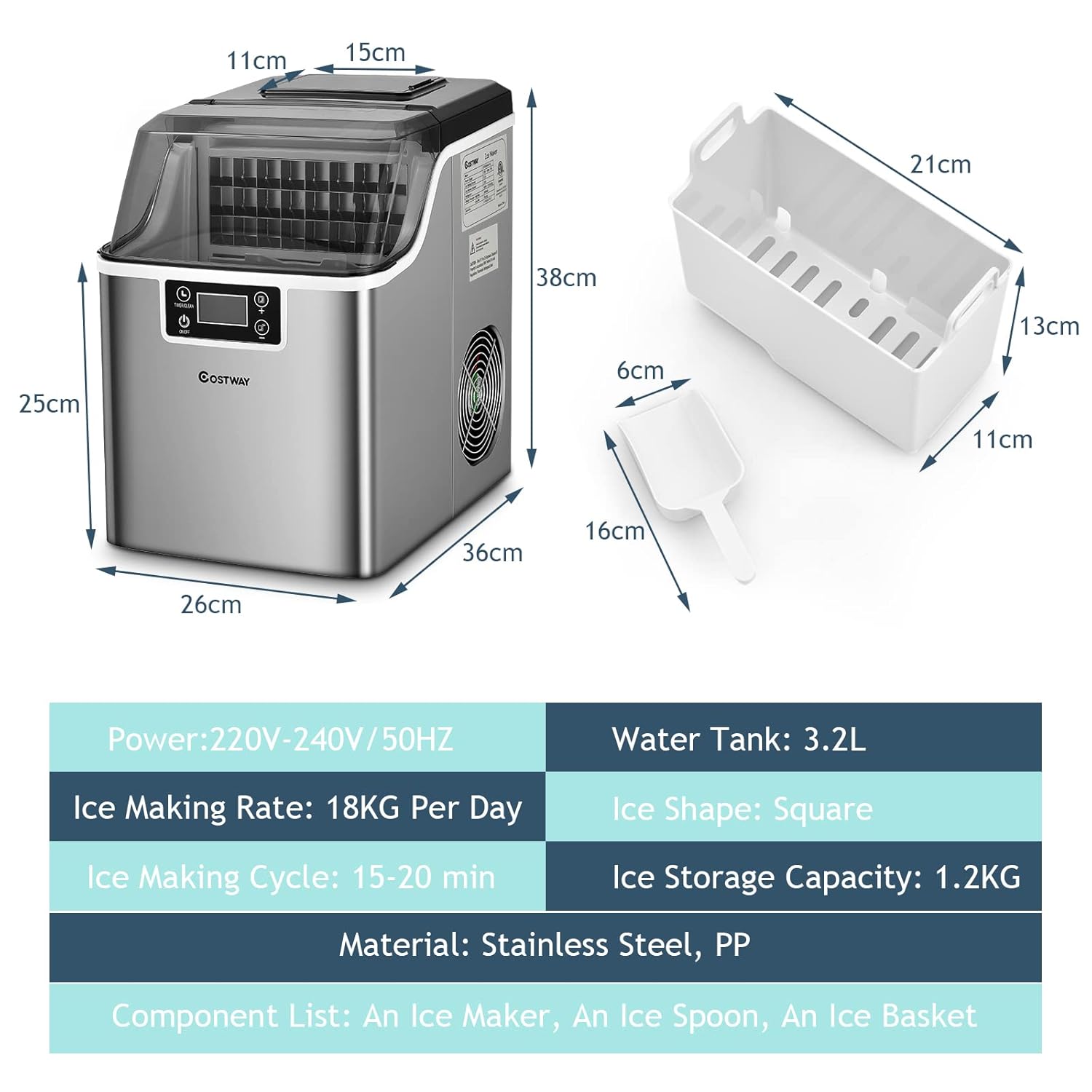 RELAX4LIFE Máquina de Cubitos de Hielo 3,2L 18kg/24H de Acero Inoxidable con Autolimpieza y Temporizador 1-24H, Ice Maker con Pala, Pantalla LCD y Tapa Transparente, Plateado