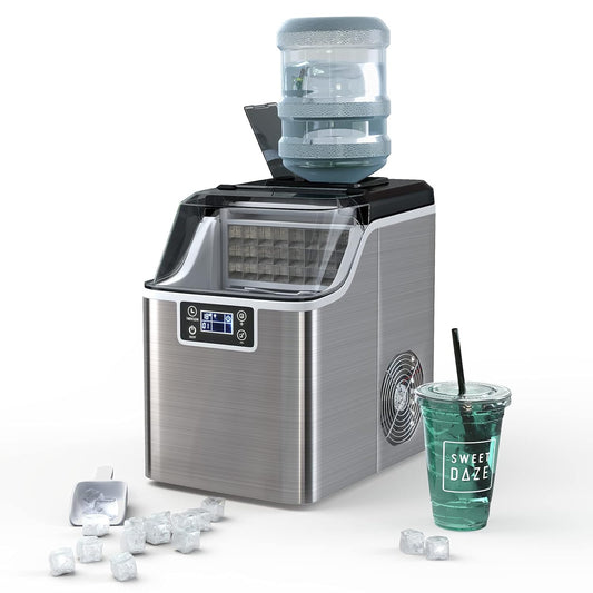 RELAX4LIFE Máquina de Cubitos de Hielo 3,2L 18kg/24H de Acero Inoxidable con Autolimpieza y Temporizador 1-24H, Ice Maker con Pala, Pantalla LCD y Tapa Transparente, Plateado