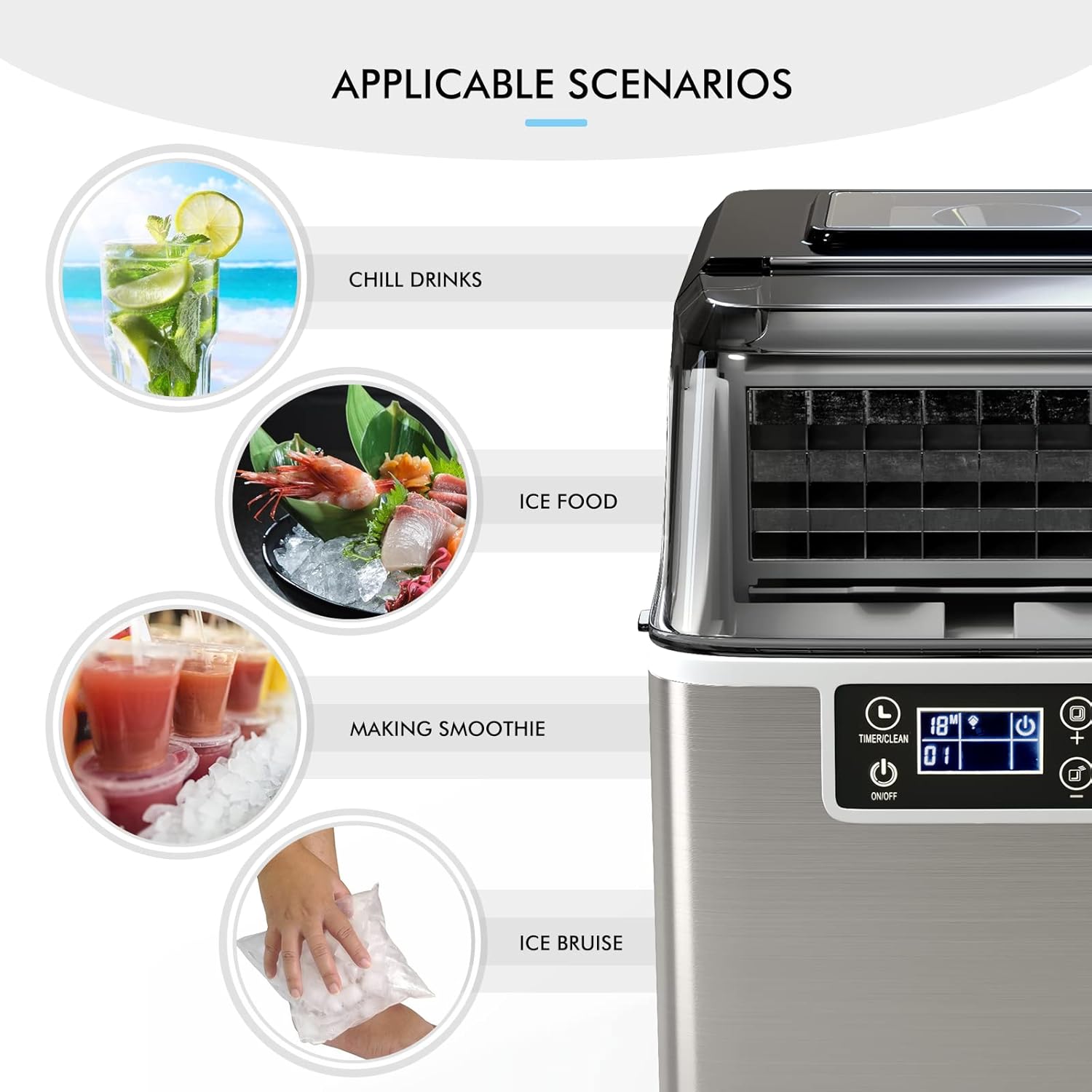 RELAX4LIFE Máquina de Cubitos de Hielo 3,2L 18kg/24H de Acero Inoxidable con Autolimpieza y Temporizador 1-24H, Ice Maker con Pala, Pantalla LCD y Tapa Transparente, Plateado