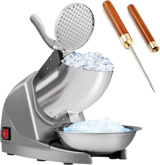 HORGELU Trituradoras de hielo eléctricas de 285 libras/hora, máquina de cono de nieve de 380 W, máquina de hielo afeitado de triple hoja de 2000 rpm, máquina de afeitar de hielo de acero inoxidable de