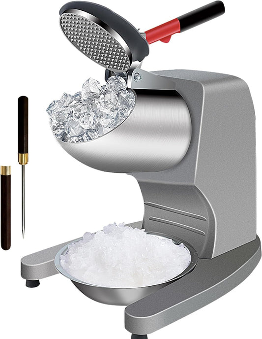 OKF Máquina de afeitar de hielo para evitar salpicaduras, eléctrica de tres cuchillas, máquina de hielo afeitada de acero inoxidable de 380 W, trituradoras de hielo domésticas y comerciales con