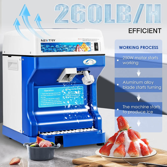NEWTRY Trituradora de hielo eléctrica comercial eléctrica raspada hielo nieve cono fabricante con hoja de aleación de aluminio espesor ajustable 260lb/h para cubo de hielo pequeño fiesta bar uso